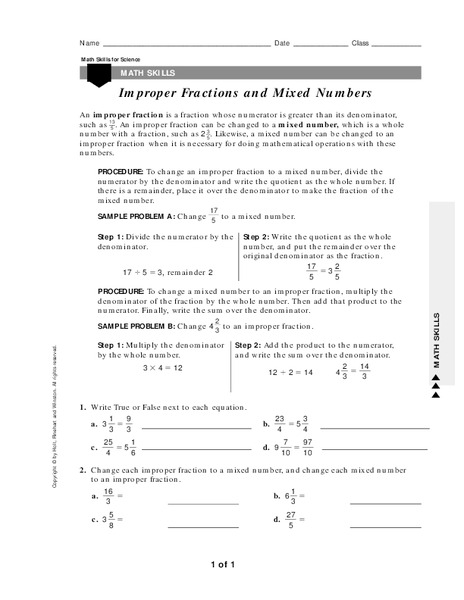 Improper Fractions and Mixed Numbers Worksheet