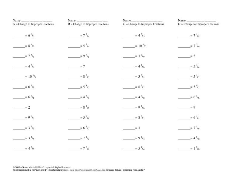 Improper Fractions and Mixed Numbers Worksheet
