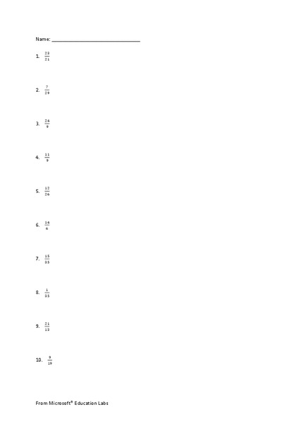 Improper Fractions Worksheet