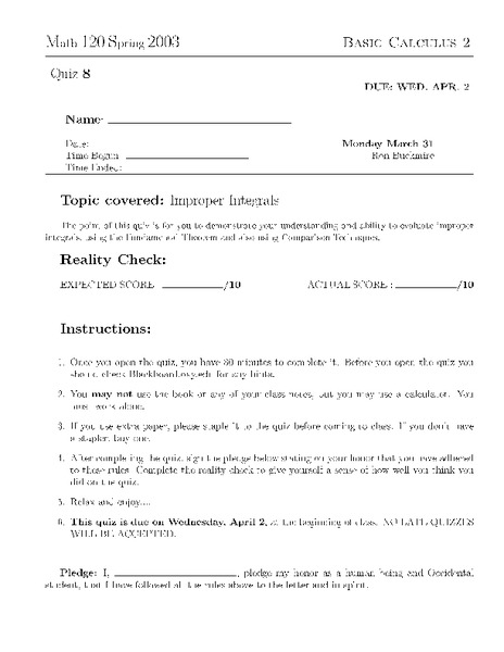 Improper Integrals Worksheet