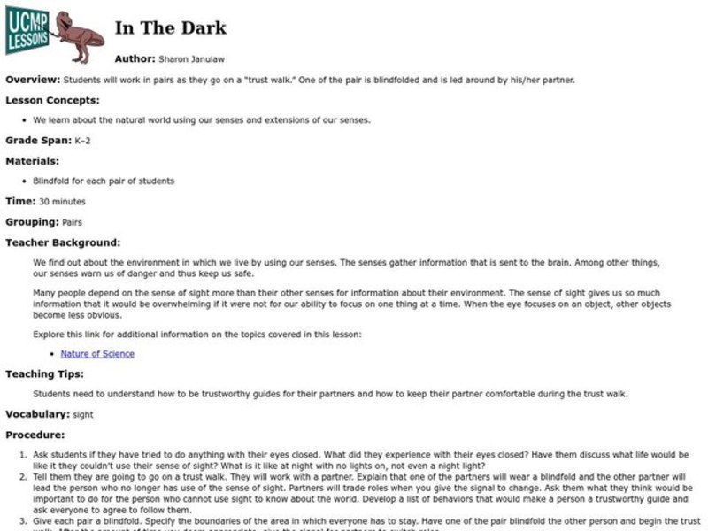 In The Dark Lesson Plan