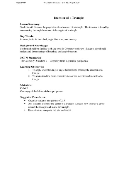 Incenter of a Triangle Lesson Plan