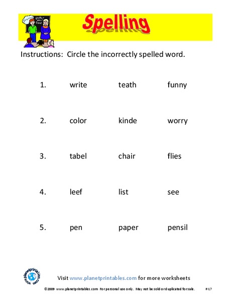 Incorrect Spelling Worksheet