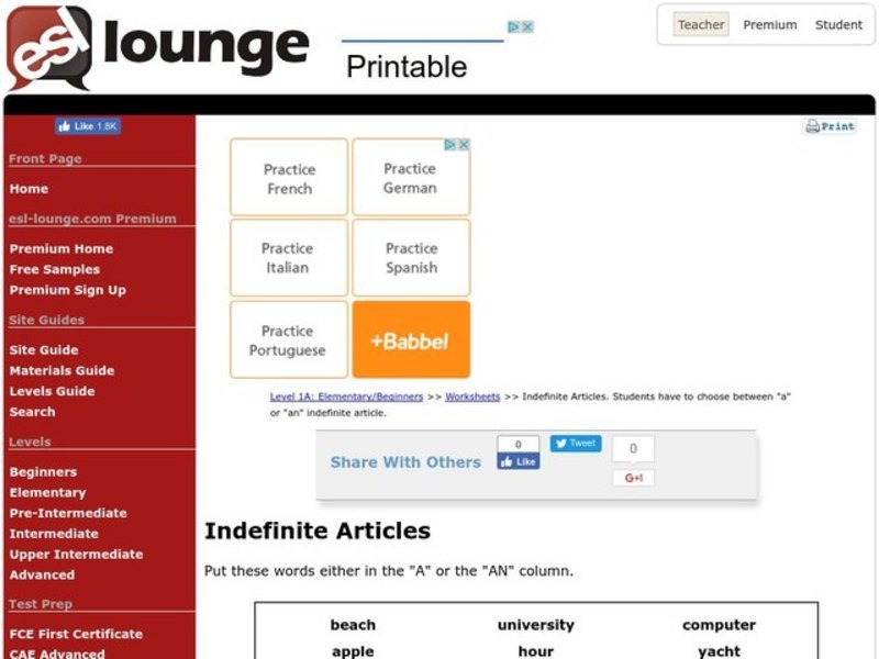 Indefinite Articles Worksheet