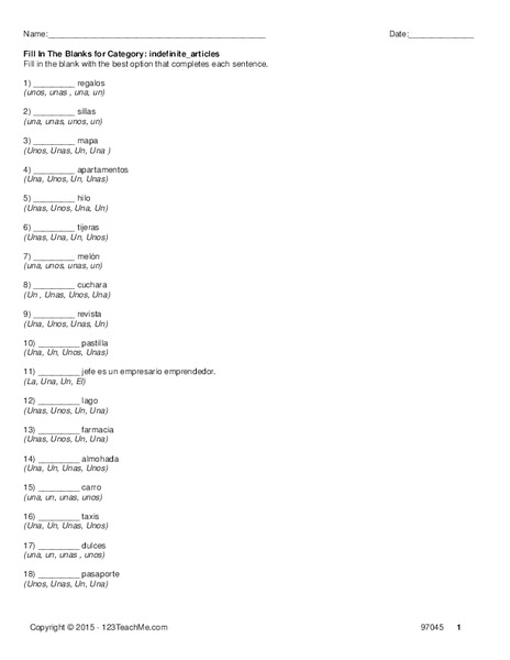 Indefinite Articles Worksheet