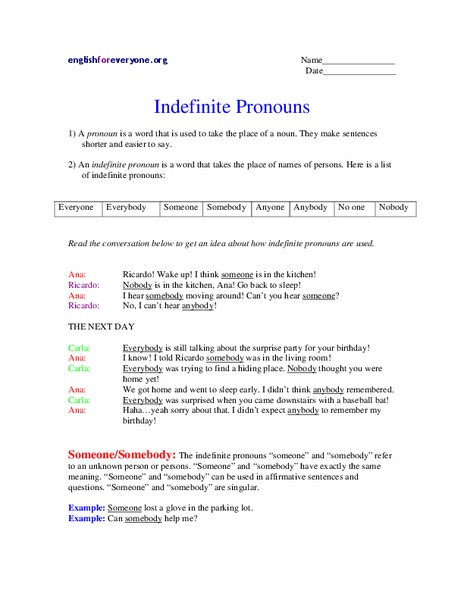 Indefinite Pronouns Worksheet