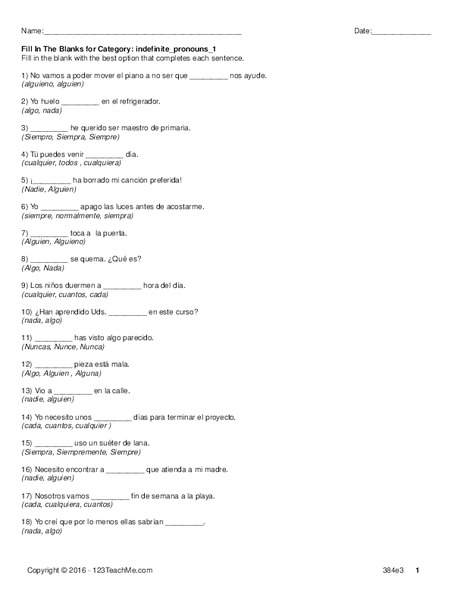 Indefinite Pronouns Worksheet