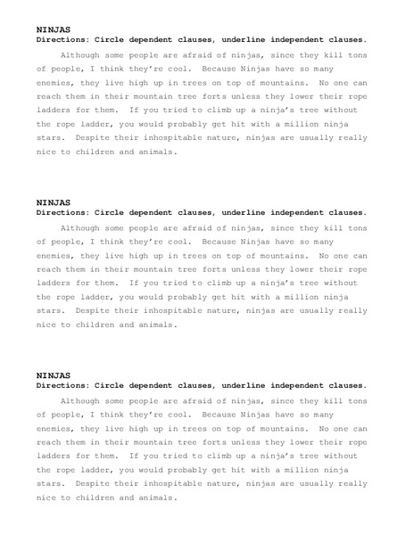 Independent and Dependent Clauses Worksheet
