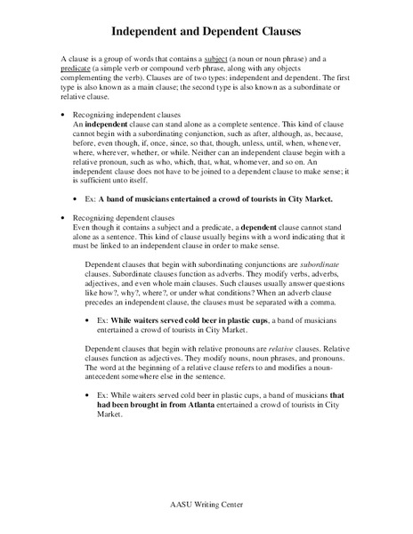 Independent and Dependent Clauses Worksheet