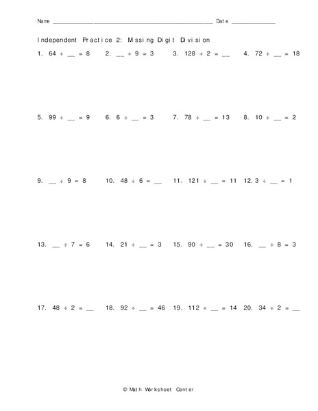 Independent Practice 2: Missing Digit Division Worksheet