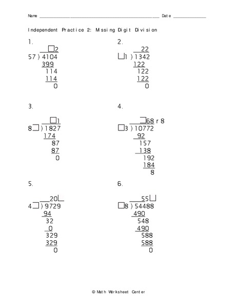 Independent Practice 2: Missing Digit Division Worksheet