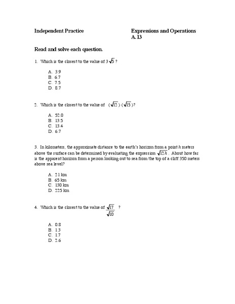 Independent Practice: Expressions and Operations Worksheet