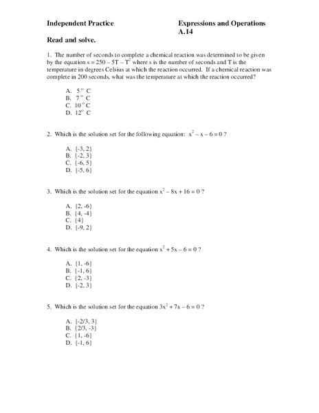 Independent Practice: Expressions and Operations Worksheet