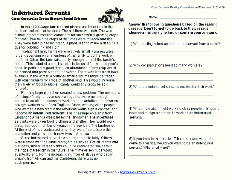 Indentured Servants Worksheet