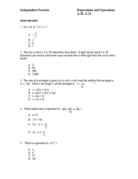 Independent Practice: Expressions and Operations Worksheet