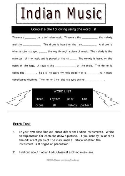 Indian Music Worksheet