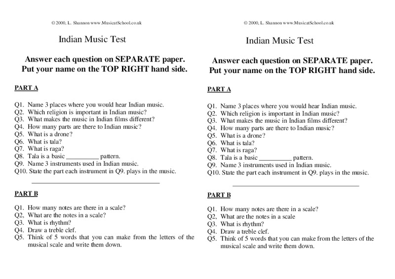 Indian Music Test Worksheet