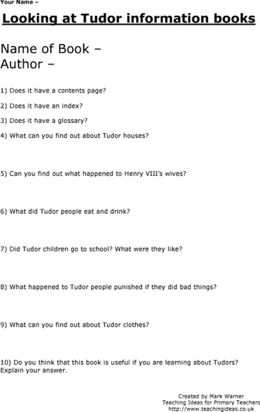 Looking at Tudor Information Books Worksheet