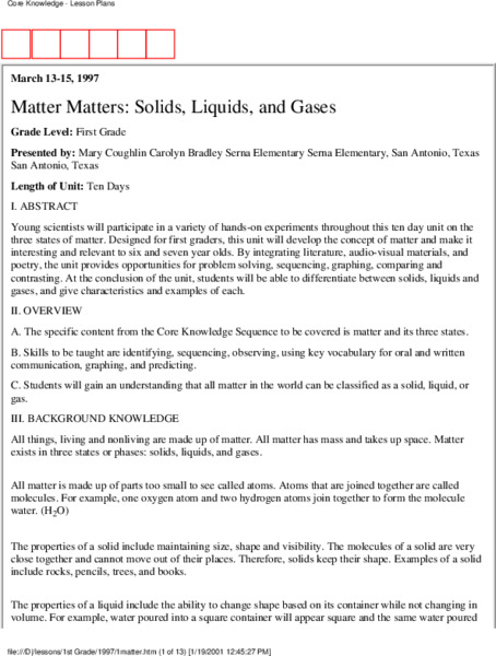 Matter Matters: Solids, Liquids and Gases Lesson Plan