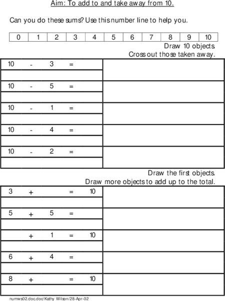 Adding and Subtracting from 10 Worksheet