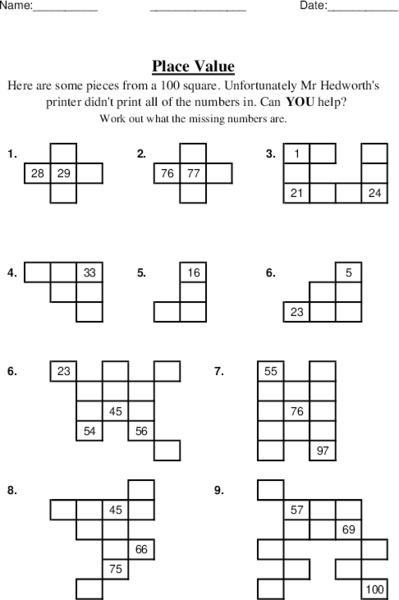 Missing Hundred Square Worksheet