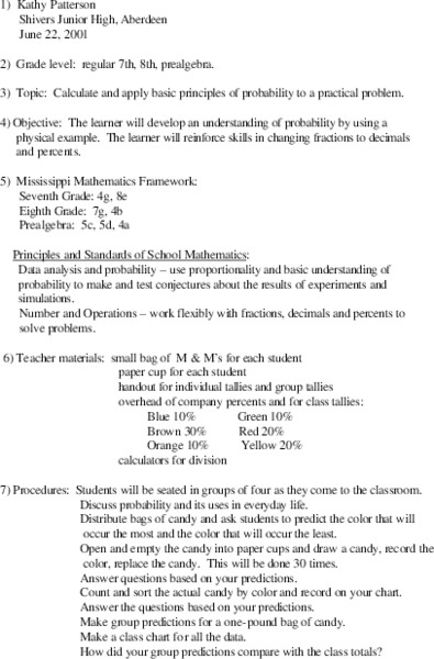 Probability using M & M's Lesson Plan