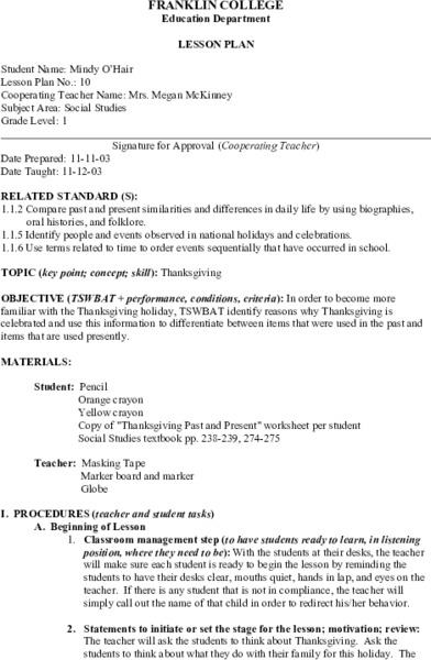 Thanksgiving Lesson Plan