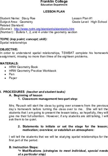 Spatial Relationships Lesson Plan