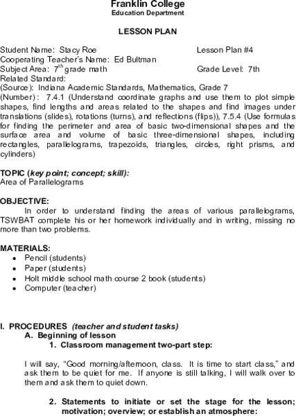 Area of Parallelograms Lesson Plan