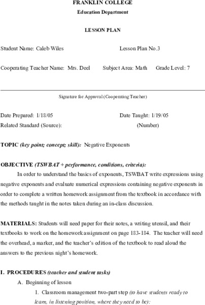 Negative Exponents Lesson Plan