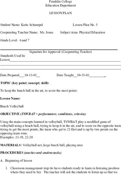 Volleyball Lesson Plan