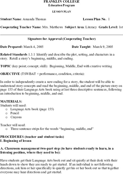 Beginning, Middle, and End Lesson Plan