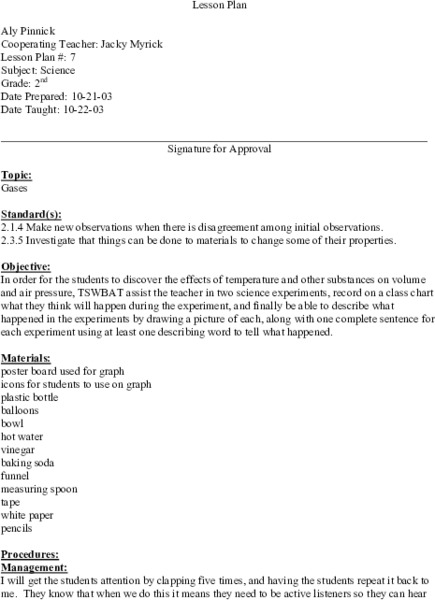 Gases Lesson Plan