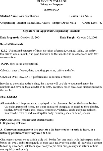 Calendar Math Lesson Plan