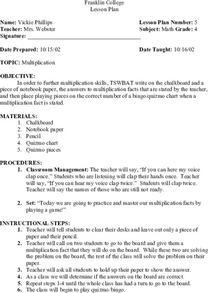 Multiplication Lesson Plan