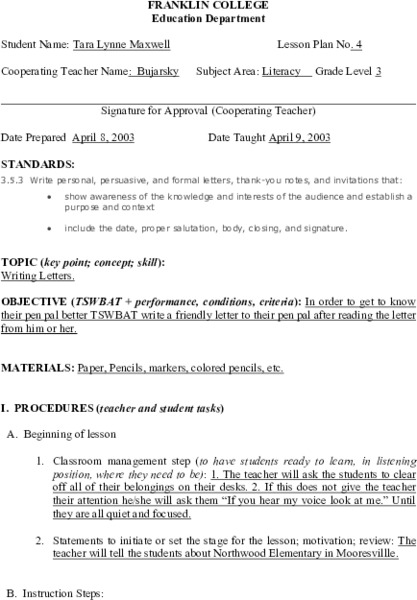 Writing Letters Lesson Plan