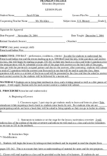 French and Indian War Lesson Plan