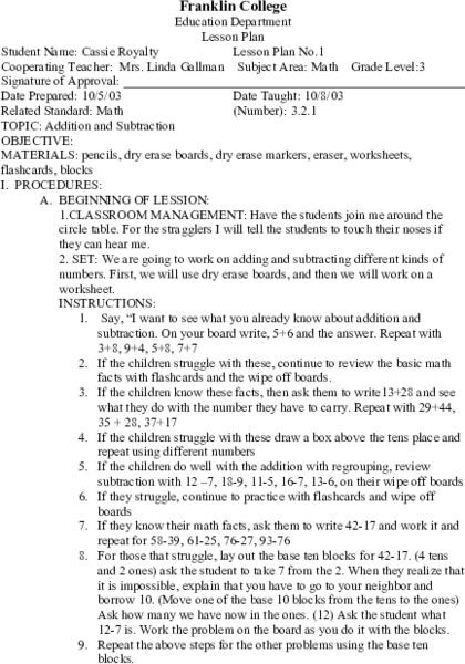 Addition and Subtraction Lesson Plan