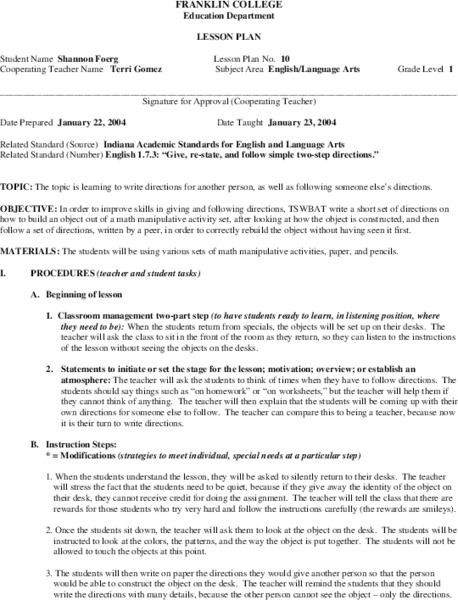 Giving Directions Lesson Plan