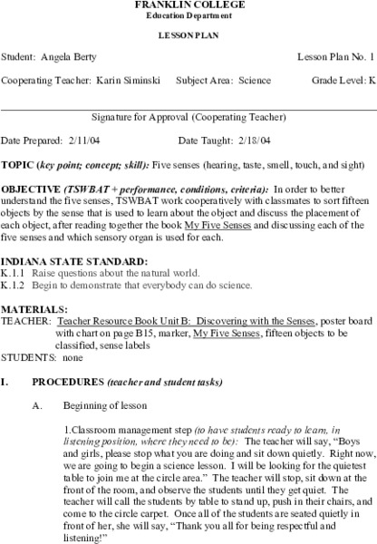 Five Senses Lesson Plan