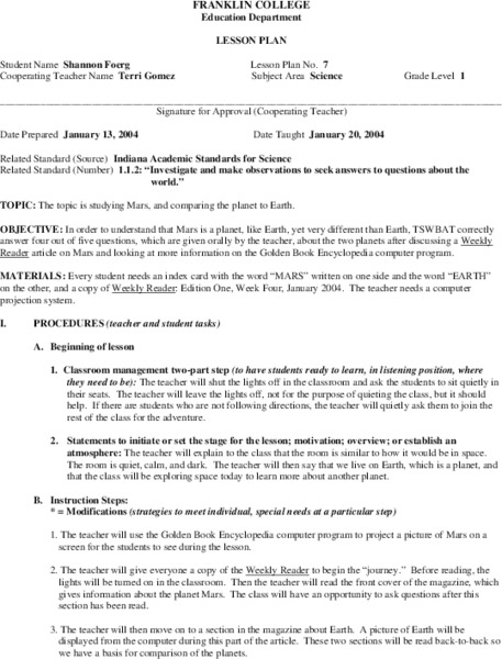 Mars Lesson Plan
