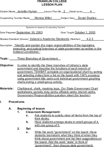 Three Branches of Government Lesson Plan