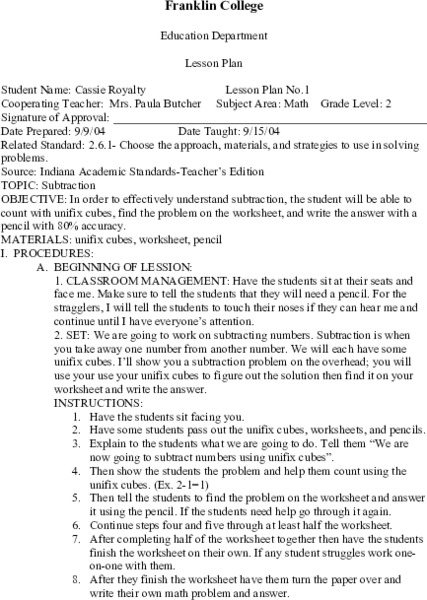 Subtraction Lesson Plan