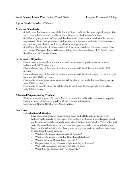 Indiana Travel Guide Lesson Plan