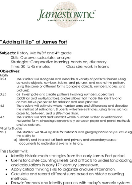 "Adding It Up" at James Fort Lesson Plan