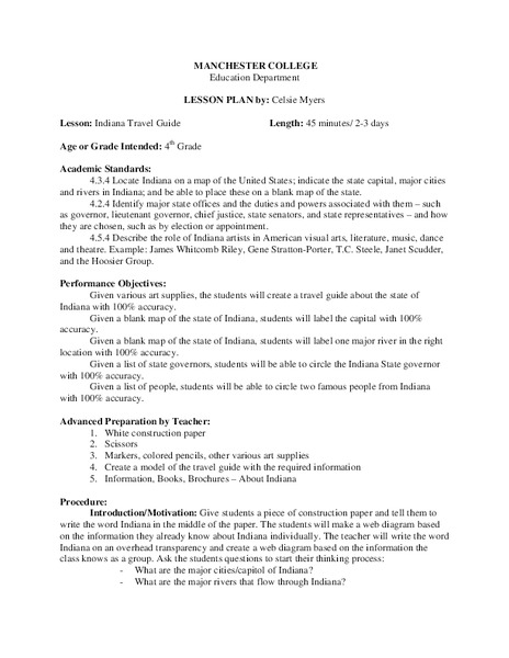 Indiana Travel Guide Lesson Plan
