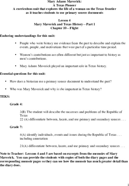 Mary Maverick and Texas History - Part 1 Lesson Plan