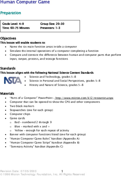 Human Computer Game Lesson Plan