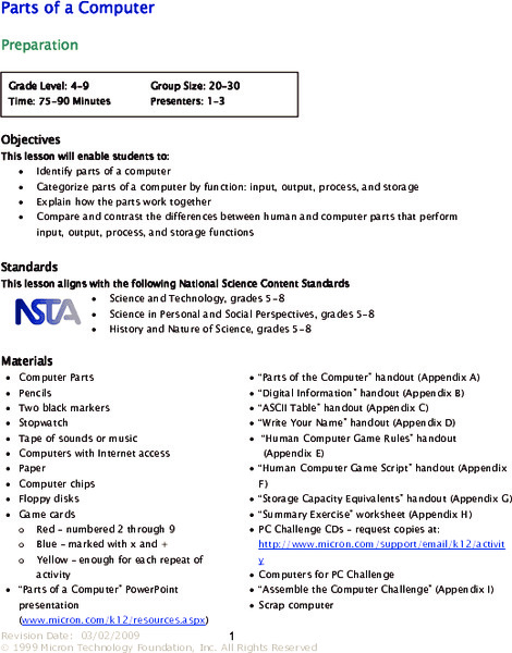 Parts of a Computer Lesson Plan