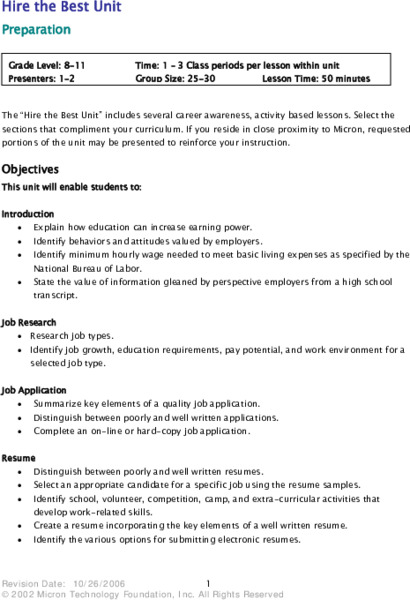 Hire the Best Unit Lesson Plan